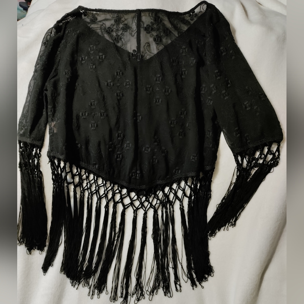 Chelsea & Violet sheer embroidered crop top with fringe